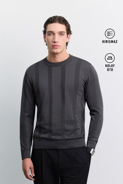 Men's Anthracite Crew Neck Easy-Iron Wrinkle-Resistant Long Sleeve Regular Fit Knitwear Sweater A62Y5001