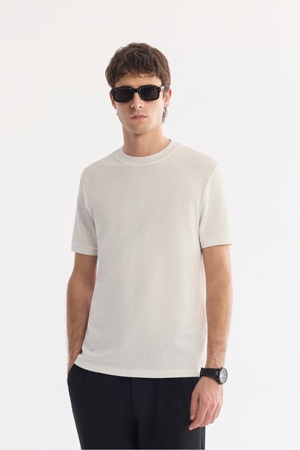 Men's Ecru Crew Neck Cotton Pack Elastane Jacquard Regular Fit T-Shirt A61Y1032