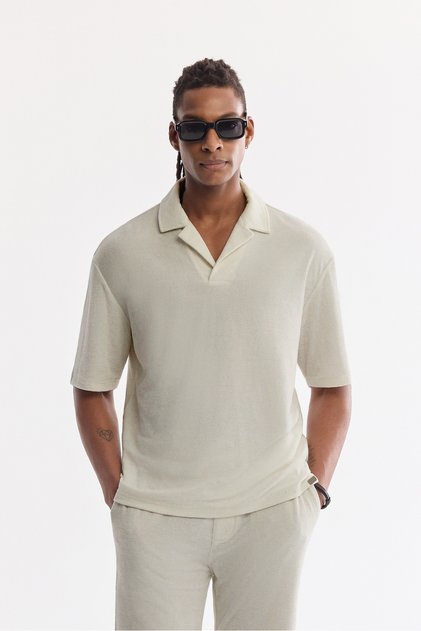 Men's Ecru Apaj Collar Cotton Soft Touch Comfort Fit T-Shirt A61Y2064
