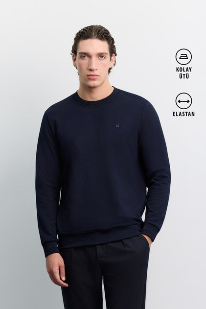 Men's Navy Blue Crew Neck Easy-Iron Regular Fit Sweatshirt B001035