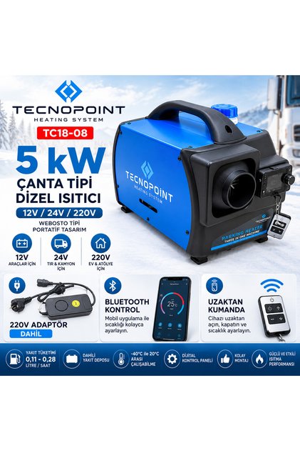 TC18-08 5 kW Portatif Çanta Tipi Dizel Isıtıcı 12V 24V 220V Bluetooth Adaptörlü Kumandalı