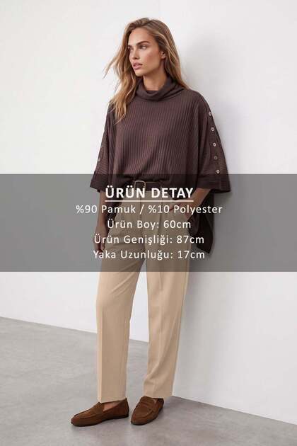 Women's Bitter Brown High Collar Button Detailed Knitted Poncho Blouse Alc-X15866