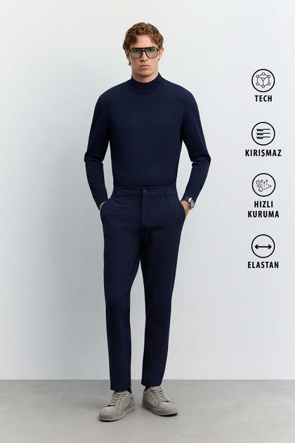 Erkek Lacivert Yanı Lastikli Kırışmaz Hızlı Kuruyan Teknik Kumaş Slim Fit Pantolon A62Y3077