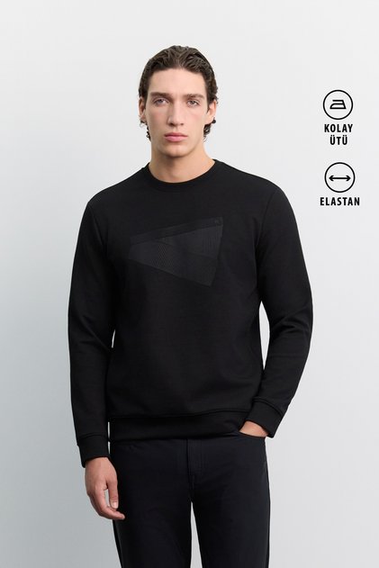 Men's Black Crew Neck Printed Interlock Regular Fit Sweatshirt A62Y1284