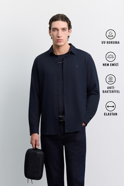 Men's Navy Blue Glue Bonded Detailed Textured Technical Classic Collar Long Sleeve Regular Fit Shirt A62Y2035