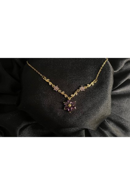 Mor Lotus Çiçeği Detaylı Zirkon Kolye / Gold Kaplama