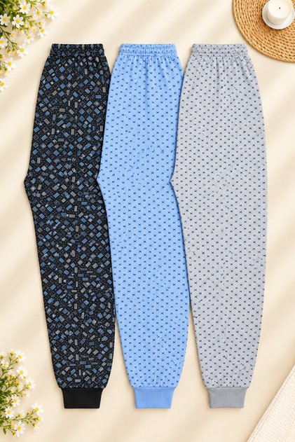 3 Adet Erkek Desenli Uzun Manşetli Şardonlu Kalın Pijama Altı Kışlık