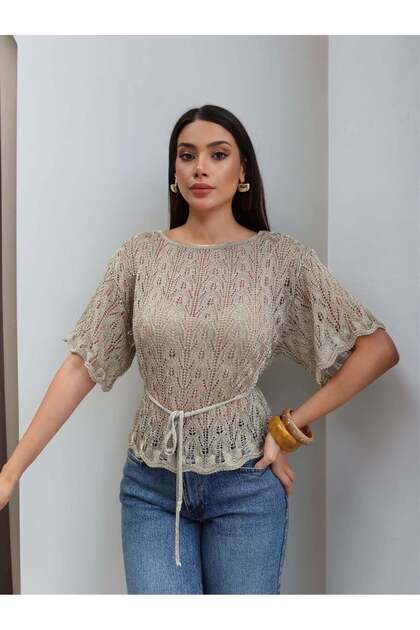 Thin Belted Openwork Knit Blouse