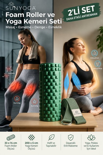 Foam Roller and Yoga Belt Set Medium Hard Eva Massage Roller 33X14 cm 200 cm Cotton Belt