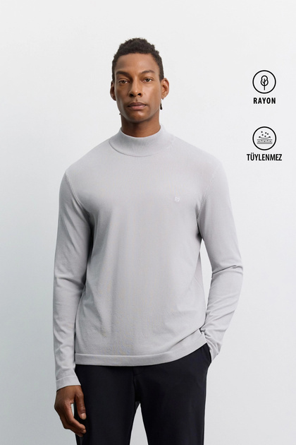Men's Gray Half Turtleneck Rayon Non-Pilling Basic Regular Fit Knitwear Sweater B005151