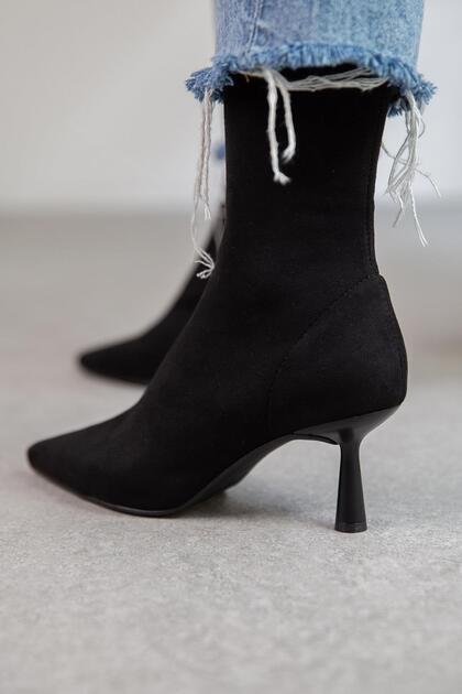 Black Suede Stretch Boots Thin Stiletto Heel Side Zipper Pointed Toe Women's Boots