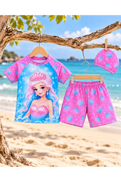 Girl's Uv Protection Swimsuit Set with Hat 3 Pieces