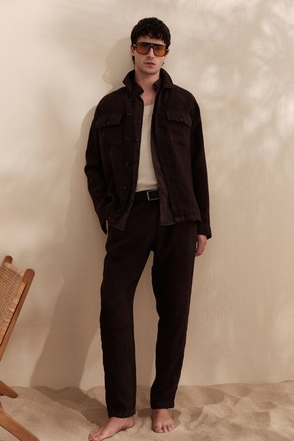 Men's Brown Elastic Waist 100% Linen Relaxed Fit Trousers B003032