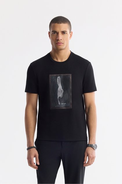 Men's Black Crew Neck Printed Bi-Stretch Interlock Regular Fit T-Shirt A51Y1029