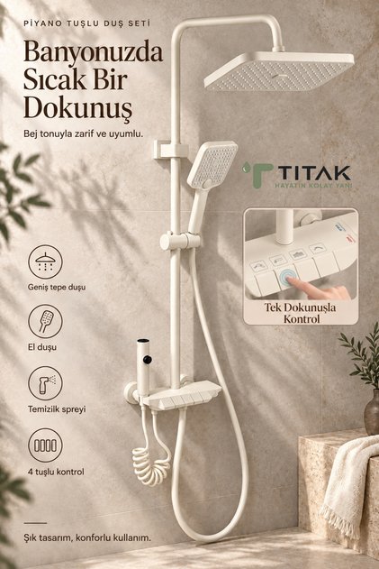 Piano 5 Fonksiyonlu Kendinden Banyo Bataryalı Dijital Beyaz Akıllı Robot Duş Seti Tepe Duş Seti