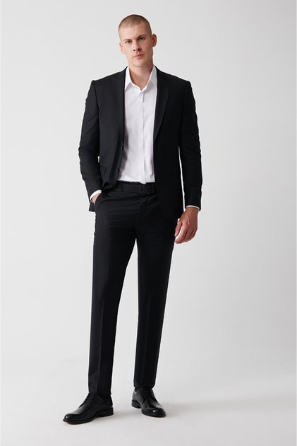 Men's Black Swallow Collar Double Slit Wool Blend Comfort Slim Fit Suit B007701