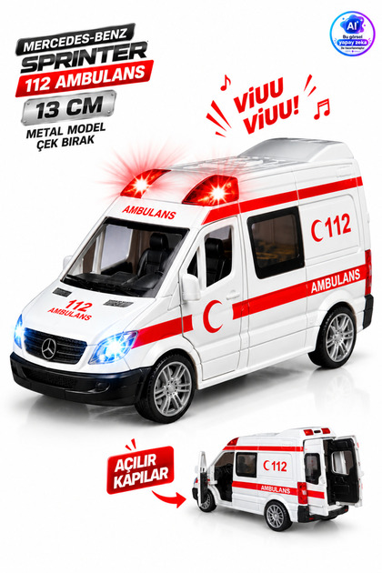 Kapıları Açılan Sesli Işıklı Çek Bırak Metal Ambulans Arabası 13cm Kutulu