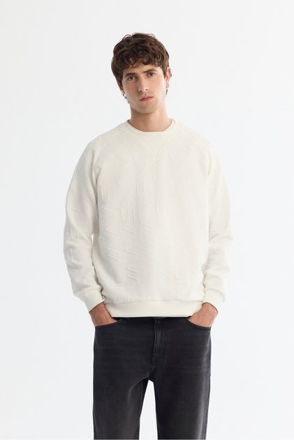 Men's Ecru Crew Neck Printed Elastane Regular Fit Sweatshirt A42Y1335