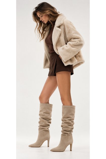 Women's Leather Suede Drawstring Heeled Boots