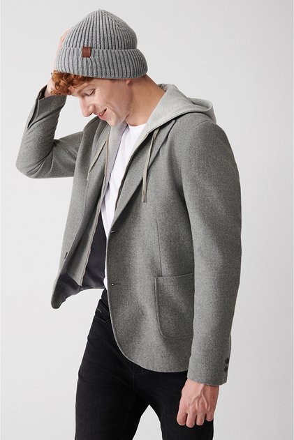 Men's Gray Removable Hooded Wool Jacket A32Y4017