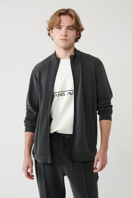Men's Anthracite Stand Collar Printed Soft Touch Printed Regular Fit Sweatshirt A41Y1225