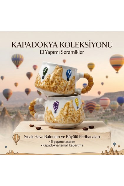 Capodokia and Hot Air Balloons Mug Set, 2D and 360 Degree Relief Pattern, 320 ml