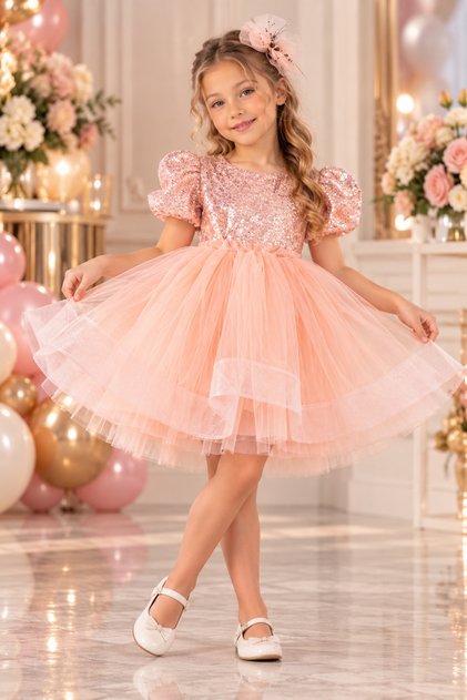 Powder Sequined Short Sleeve Ball Gown Pageant Outfit April 23 Kids Evening Dress Aby162