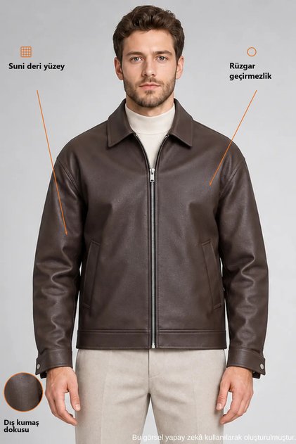 Men's Brown Oversize Collared Zippered Faux Leather Jacket with Pockets