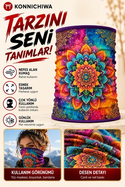 Mandala Bohem Design Black Ethnic Bandana Face Mask and Neck Gaiter and Daily and Motorcycle Use Uv Protection Multi-Purpose Neck Gaiter