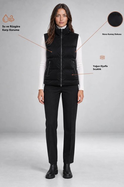 Women's Nova Fabric Stand-Up Collar Water- and Windproof Lined Puffer Black Vest