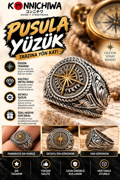 Compass Motif Embroidered Metal Ring
