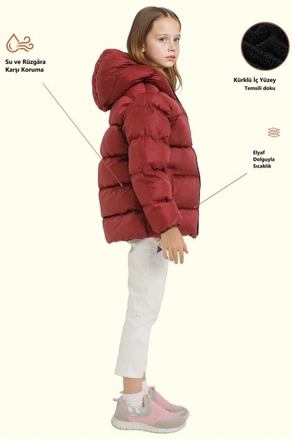 Children's Claret Red Fleece Fur Hooded Waterproof Wind Resistant Pocket Inflatable Winter Coat