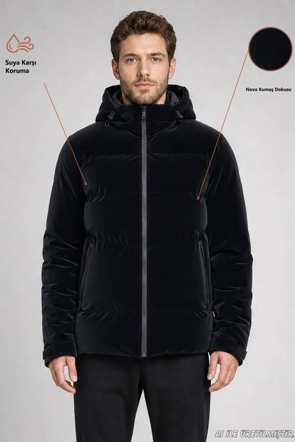Men's Black Waterproof Coat Nova Fabric Removable Hooded Zippers Detailed