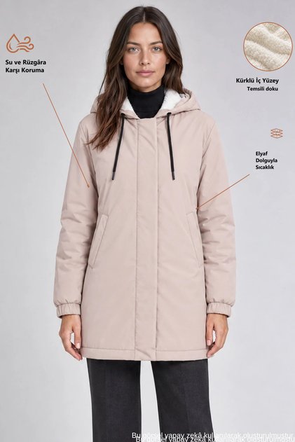 Women's Elastic Waist Pockets Fur Lined Water and Windproof Cold Resistant Fur Lined Long Beige Coat