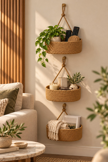 3-Piece Hanging Wicker Basket for Bathroom, Kitchen, and Living Room Organizer