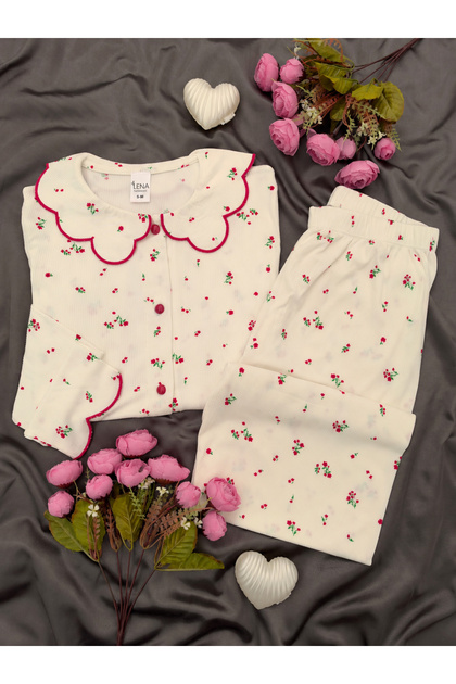 Ecru Daisy Patterned Wavy Baby Collar Long Sleeve Berlin Camisole Pajama Set