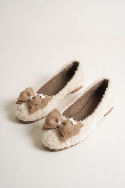 Women's White Fur Bowknot Flat Sole Ballerina Casual Home/Outdoor Shoes
