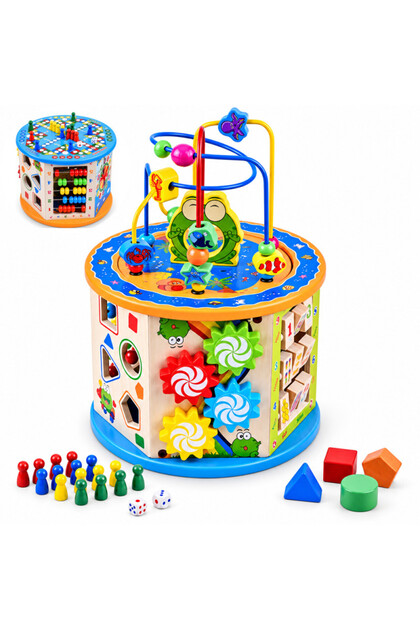 Cub de activități educative pentru copii, 8 în 1, Ceas, Labirinte, Abac, Forme geometrice