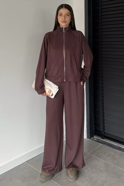 Women's Front Zipper Sweat Elastic Waist Palazzo Trousers Double Set