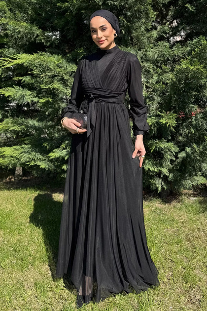 Women's Pleated Waist Belt Detailed Tulle Hijab Evening Dress