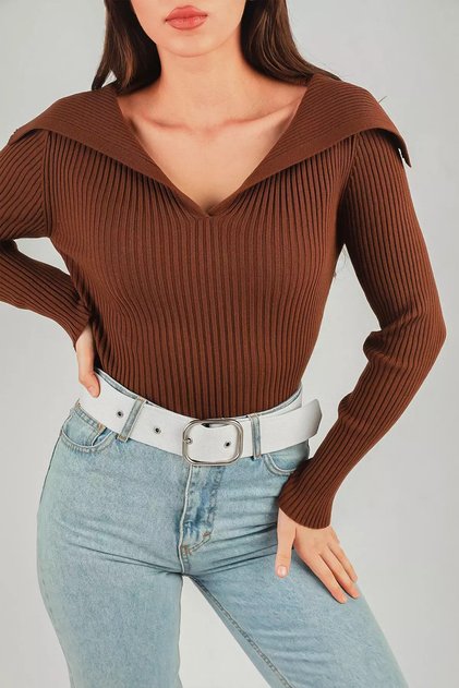 Women's Turn-Down Collar Ribbed Lycra Knitwear Blouse
