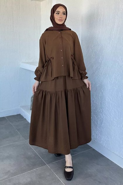 Elastic Waist Lace-Up Blouse Skirt Hijab Double Set
