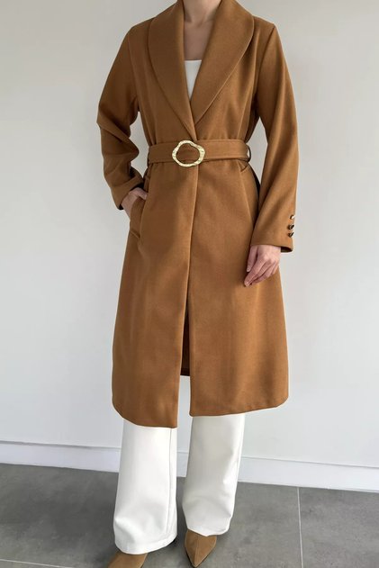 Women's Waist Belted Gold Buckle Detailed Cashmere Coat