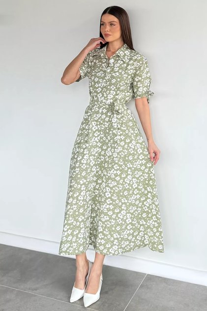 Women's Buttoned Floral Patterned Short Sleeve Dress
