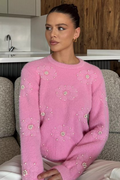 Pulover tricotat cu imprimeu floral și model barbă de piatră pentru femei (potrivit pentru mărimile S-M-L.)