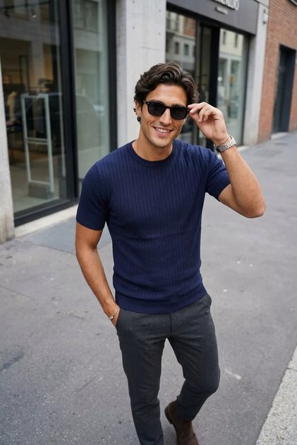 Men's Crew Neck Patterned Knitwear T-Shirt