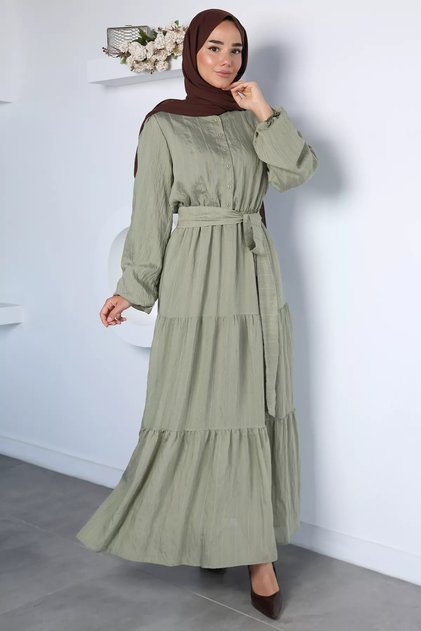 Buttoned Front Hijab Dress with Elastic Waist and Ankle Belt Detail