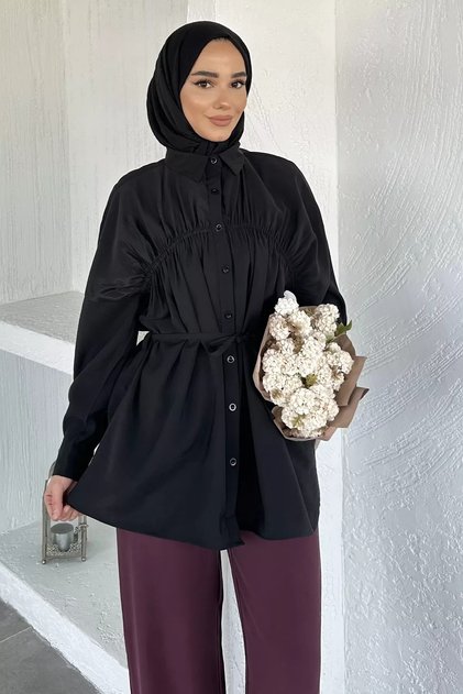 Women's Front Gathered Detailed Waist Tie Hijab Tunic