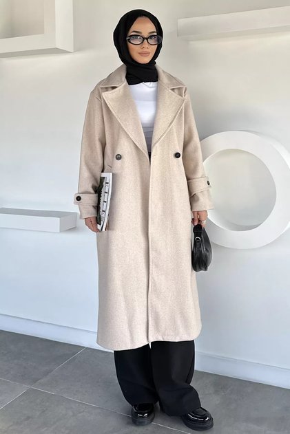 Double-Breasted Collar Double Pocket Hijab Cashmere Coat