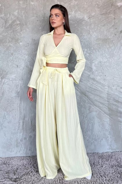 Double-Breasted Collar, Waist Tie, Blouse and Trousers Two-Piece Set